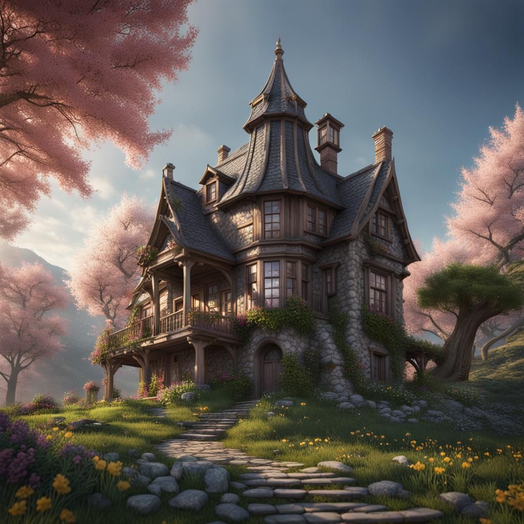 Garden House on Hill in Spring, Detailed Matte Painting