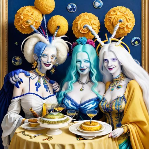 Cosmic Housewarming Party in Oil Painting Style