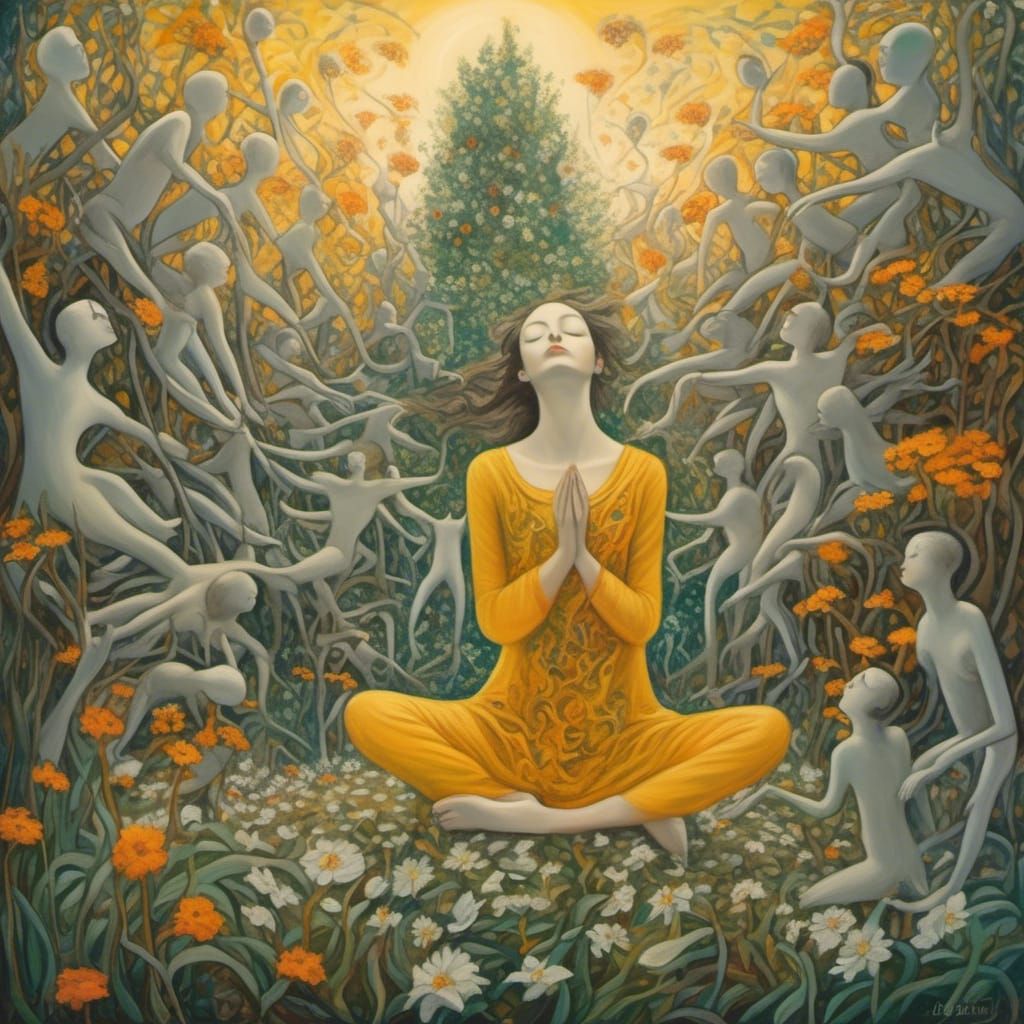 Dryad Doing Yoga in Flower Garden