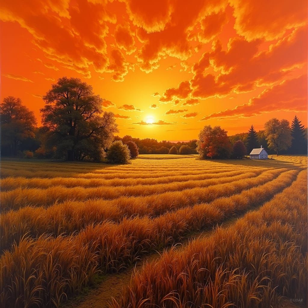 Autumn Farm Landscape in Early 20th-Century Art Style