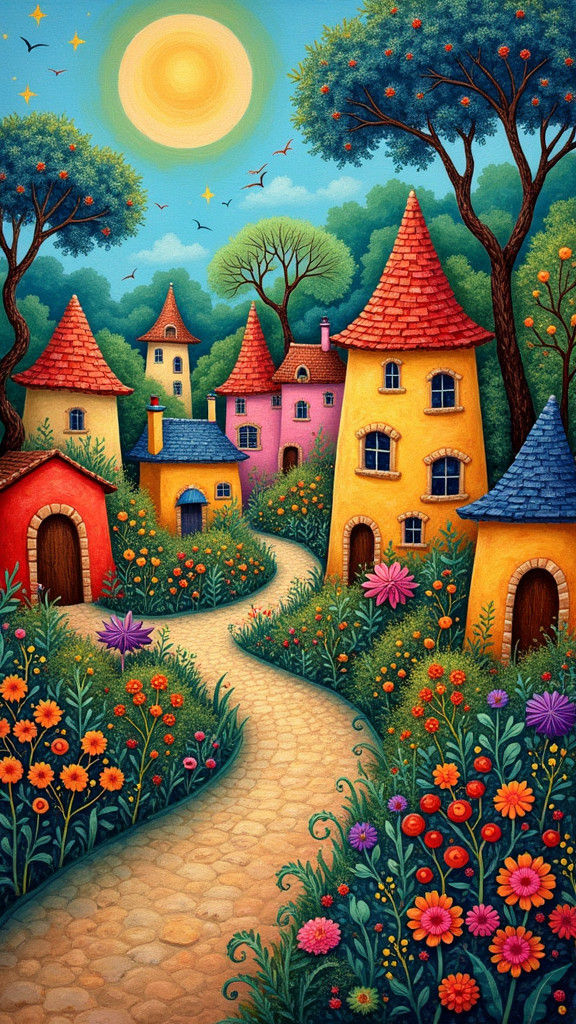 Idyllic Village Scene in Naive Art Style
