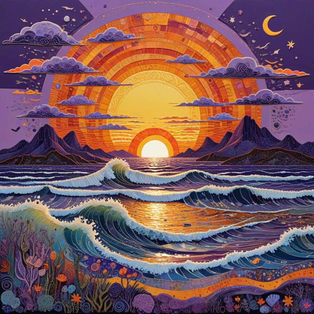 Vibrant Sunset Tapestry in Whimsical Style
