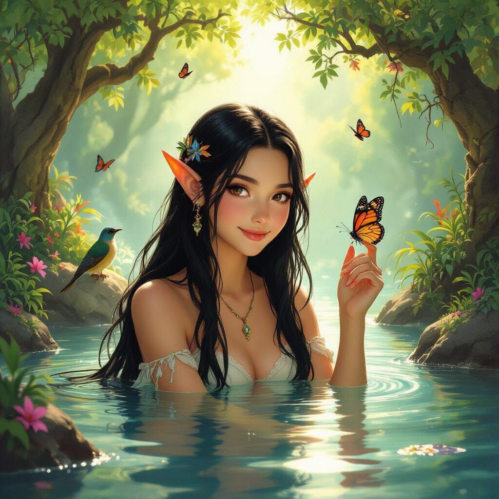 Enchanting Elf Grotto Scene in Fantasy Art Style