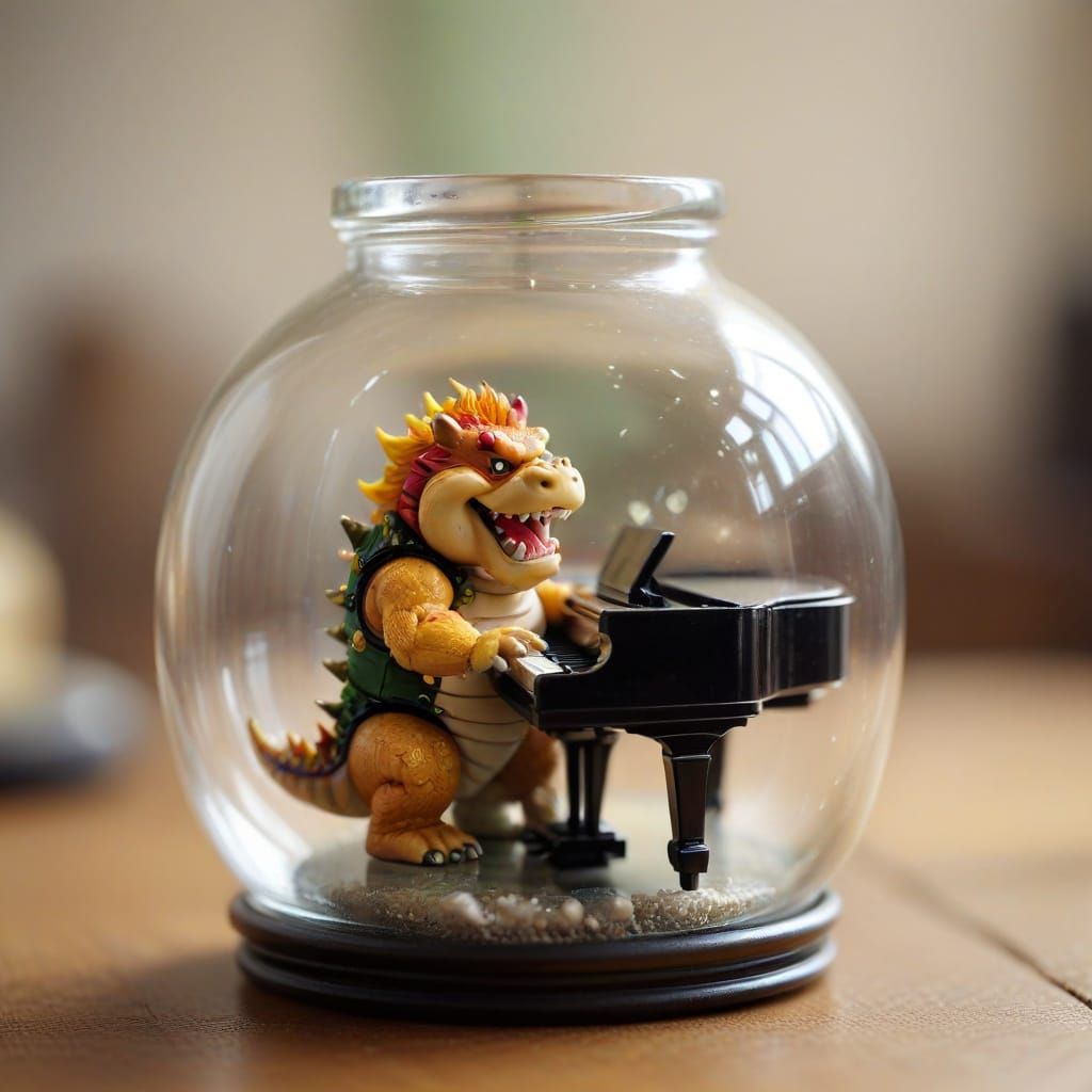 tiny tiltshift Bowser playing a piano inside a glass jar