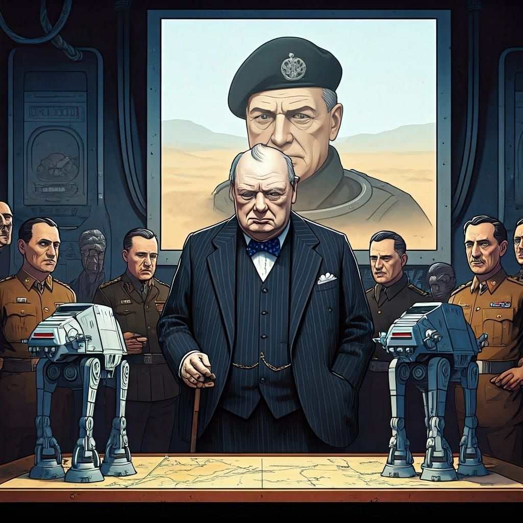 Churchill's Futuristic War Room: Anime-Inspired Comic Art