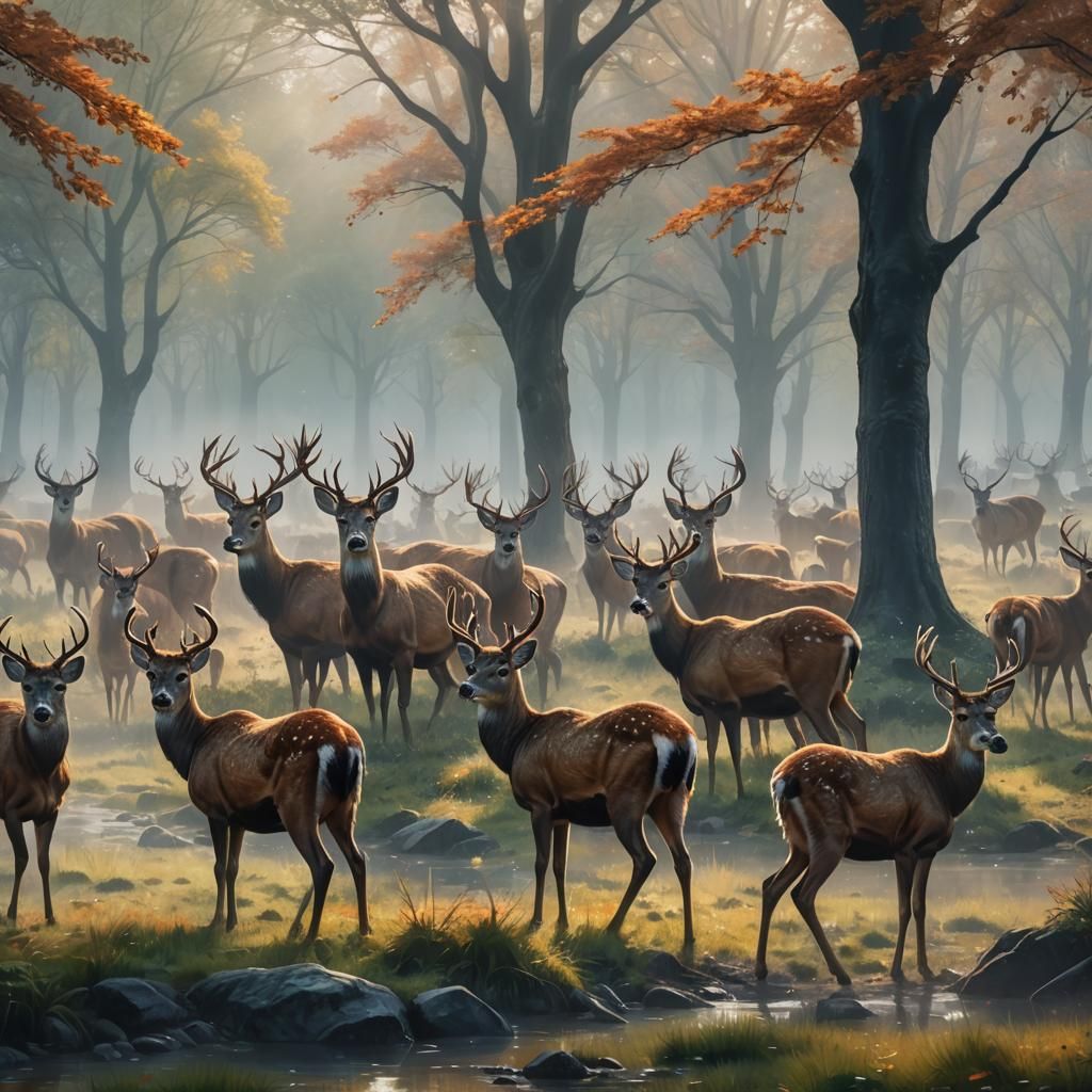 Deer in Misty Park: Hyperrealistic Splash Art