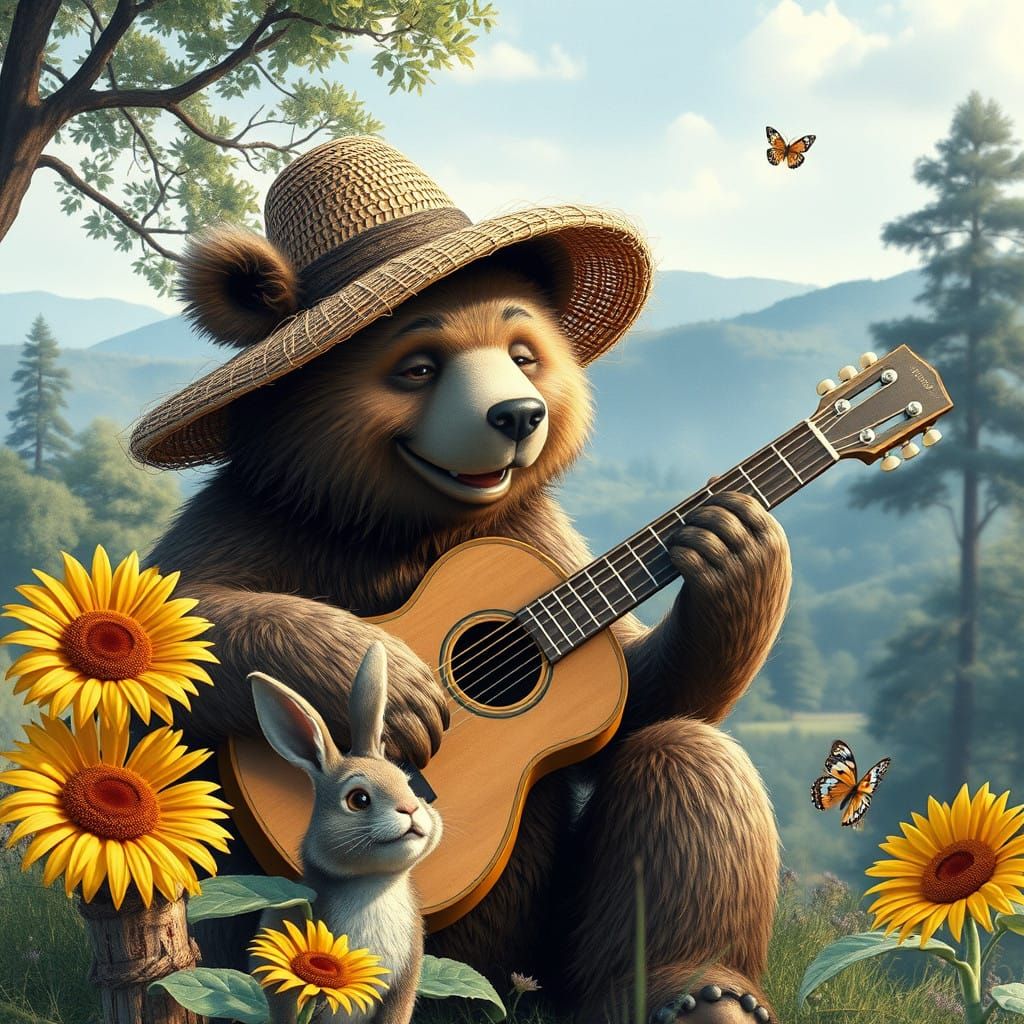 Psychedelic Bear Plays Guitar in Whimsical Landscape