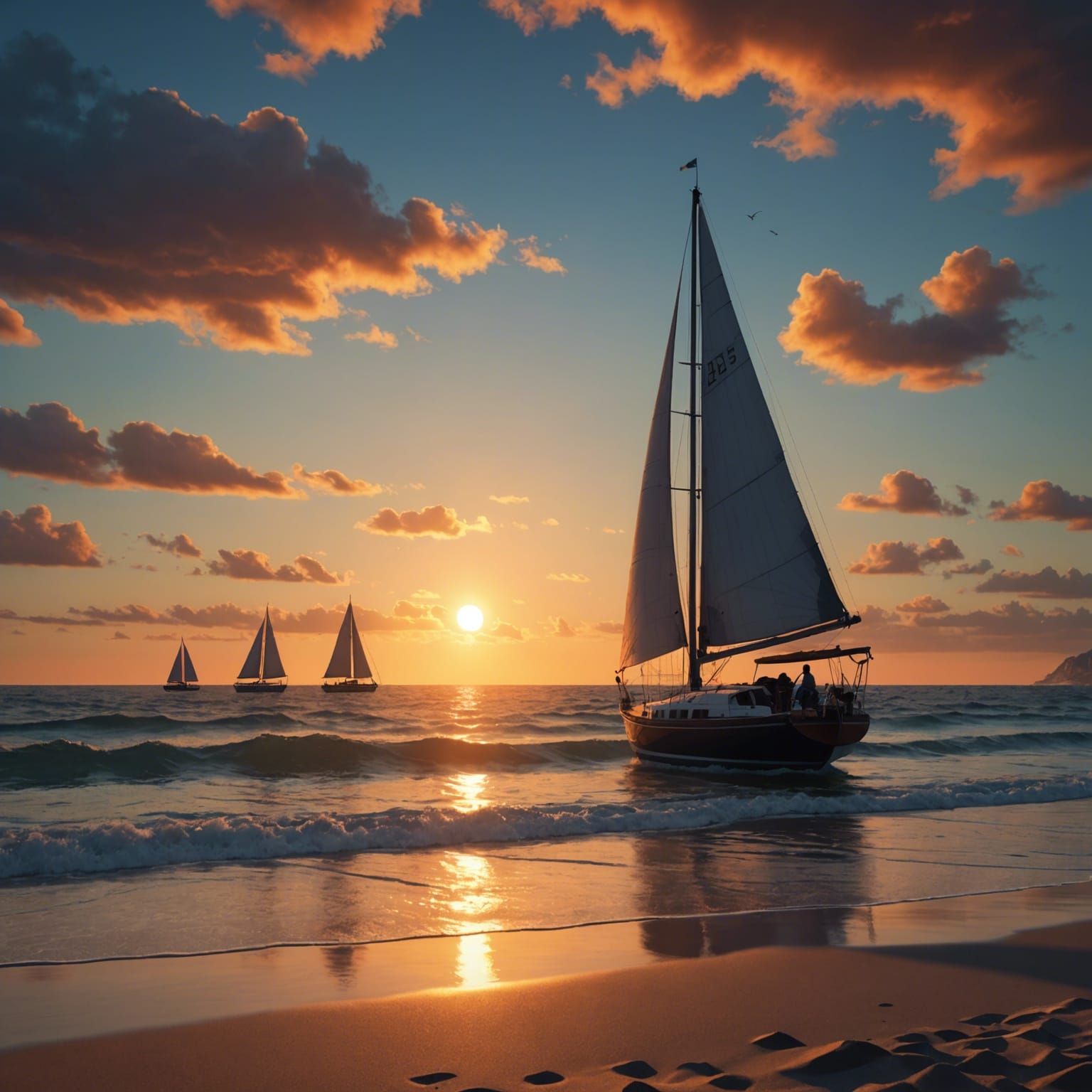 Beach Sunset With Sailboat: Detailed Matte Painting