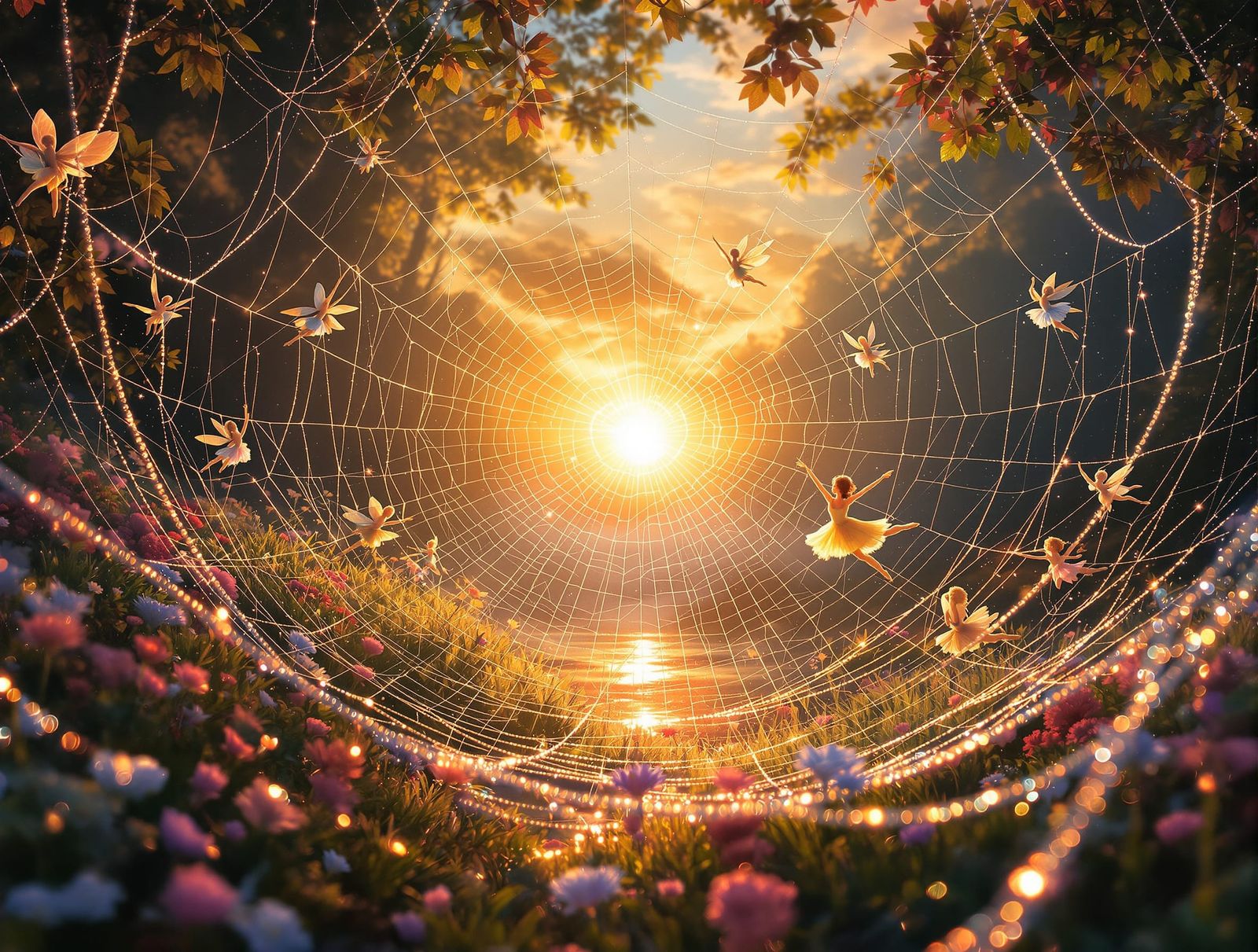 Fairies Dancing Ballet in a Magical Spiderweb Landscape