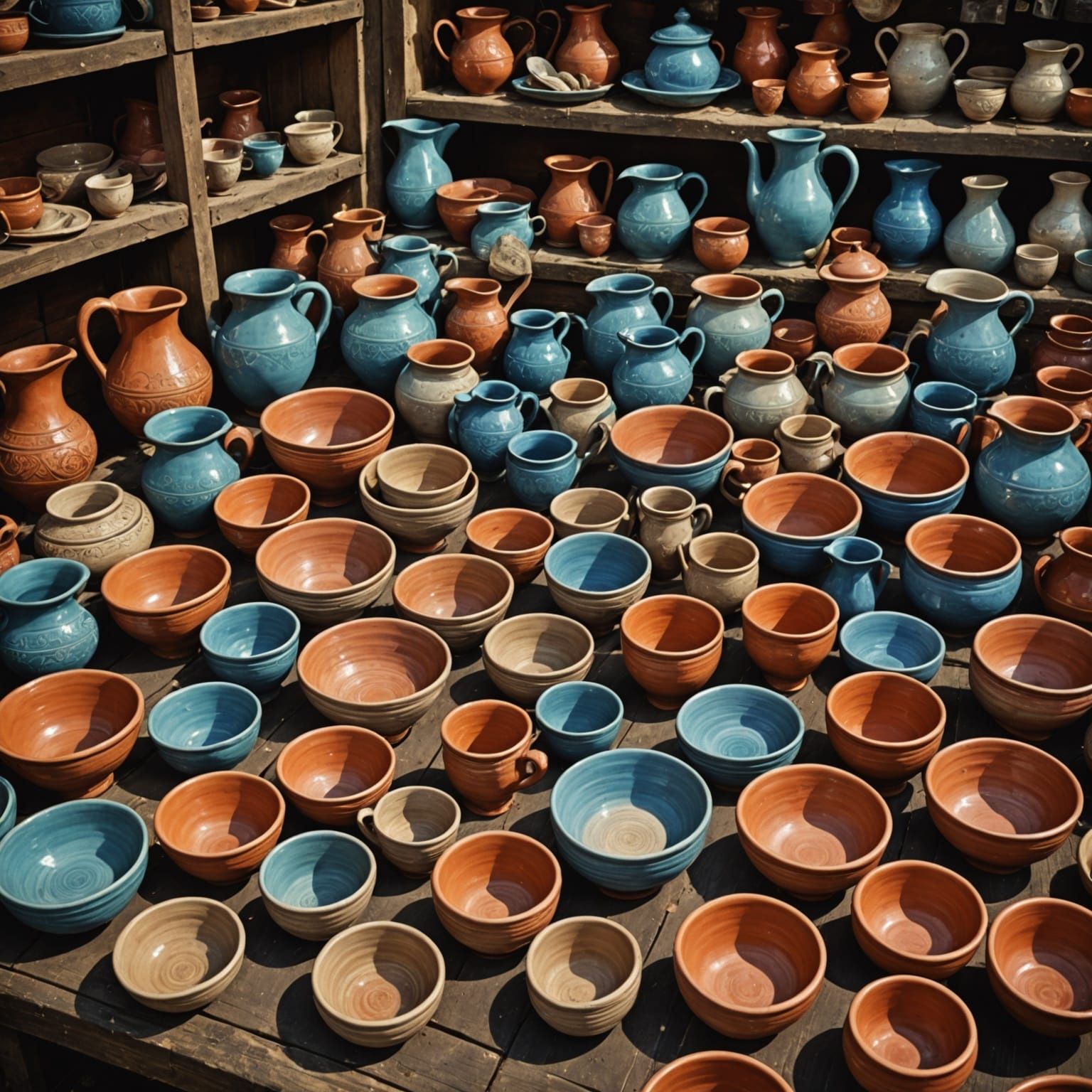 Vintage Pottery Flea Market Scene in High Contrast