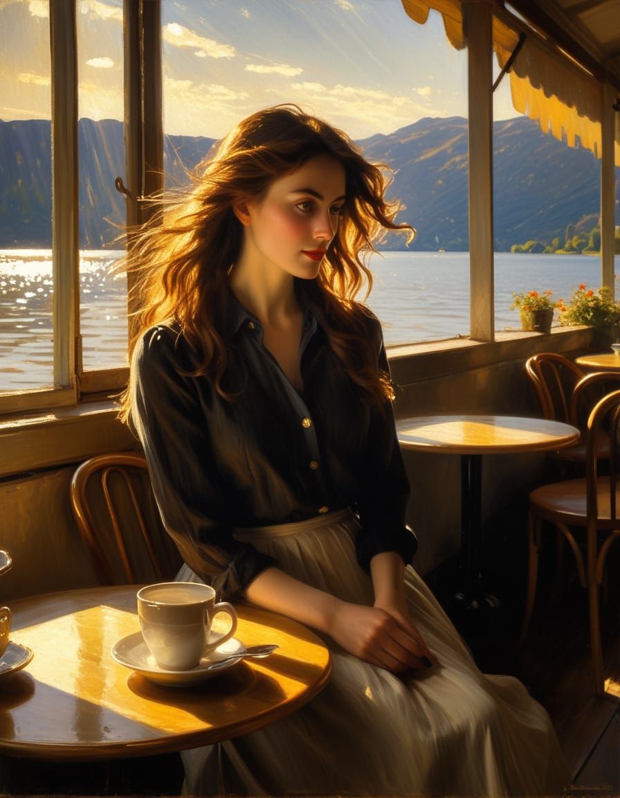 Woman at Lakeside Cafe in Impressionist Style