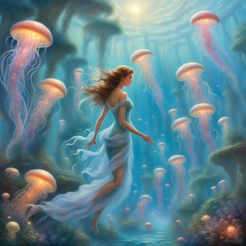 Undine's Ethereal Swim Among Shiny Jellyfish