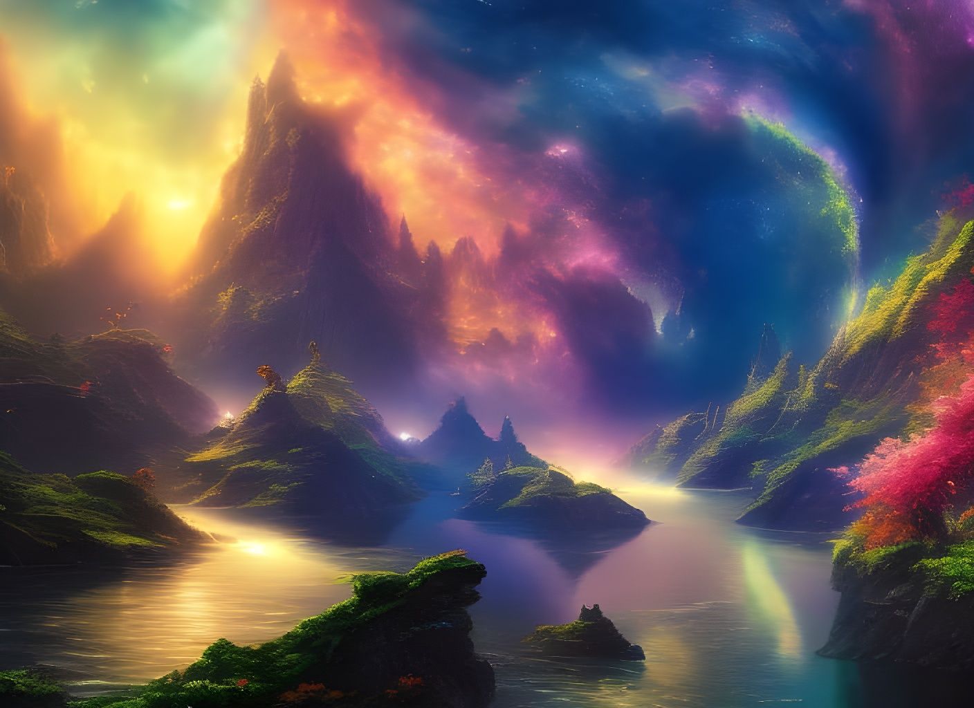 Cosmic Zen Garden: Iridescent Fantasy Landscape