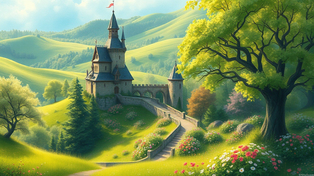 Storybook Bastion in Flowering Forest, Digital Painting
