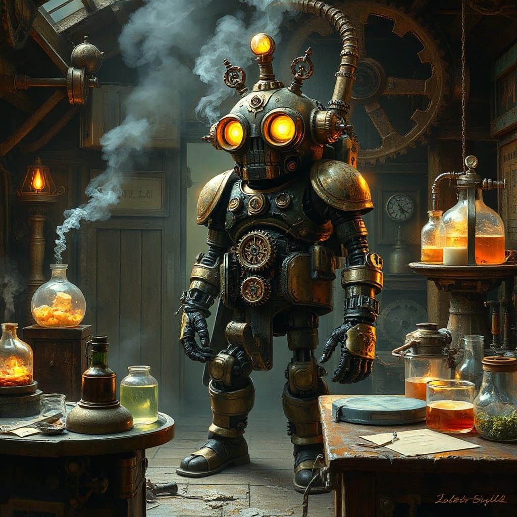 Steampunk Automaton Guards Forgotten Laboratory, Digital Pai...
