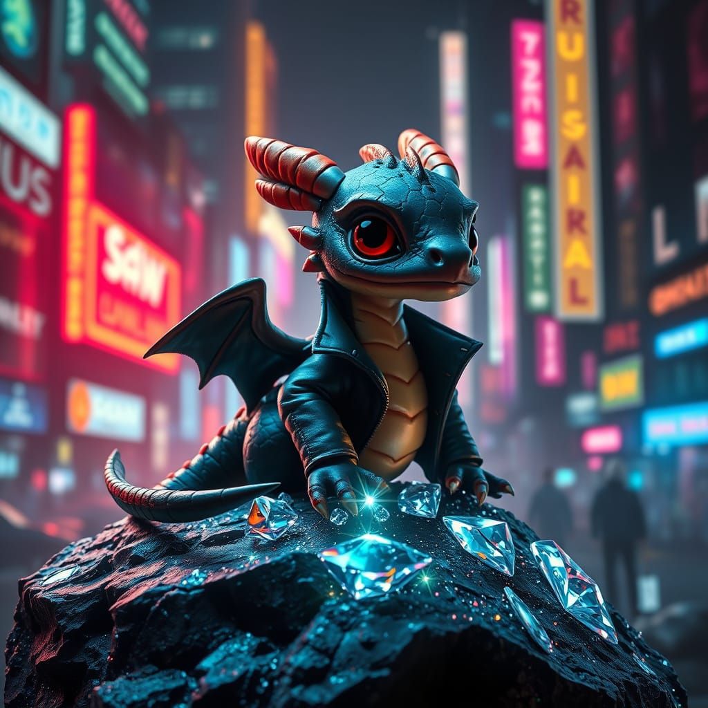 Cyberpunk Dragon on Diamonds in Neon Cityscape