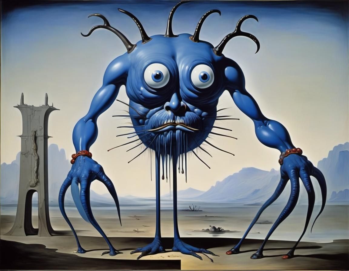 Surreal Blue Meanie Beast Inspired by Dali and Mondrian