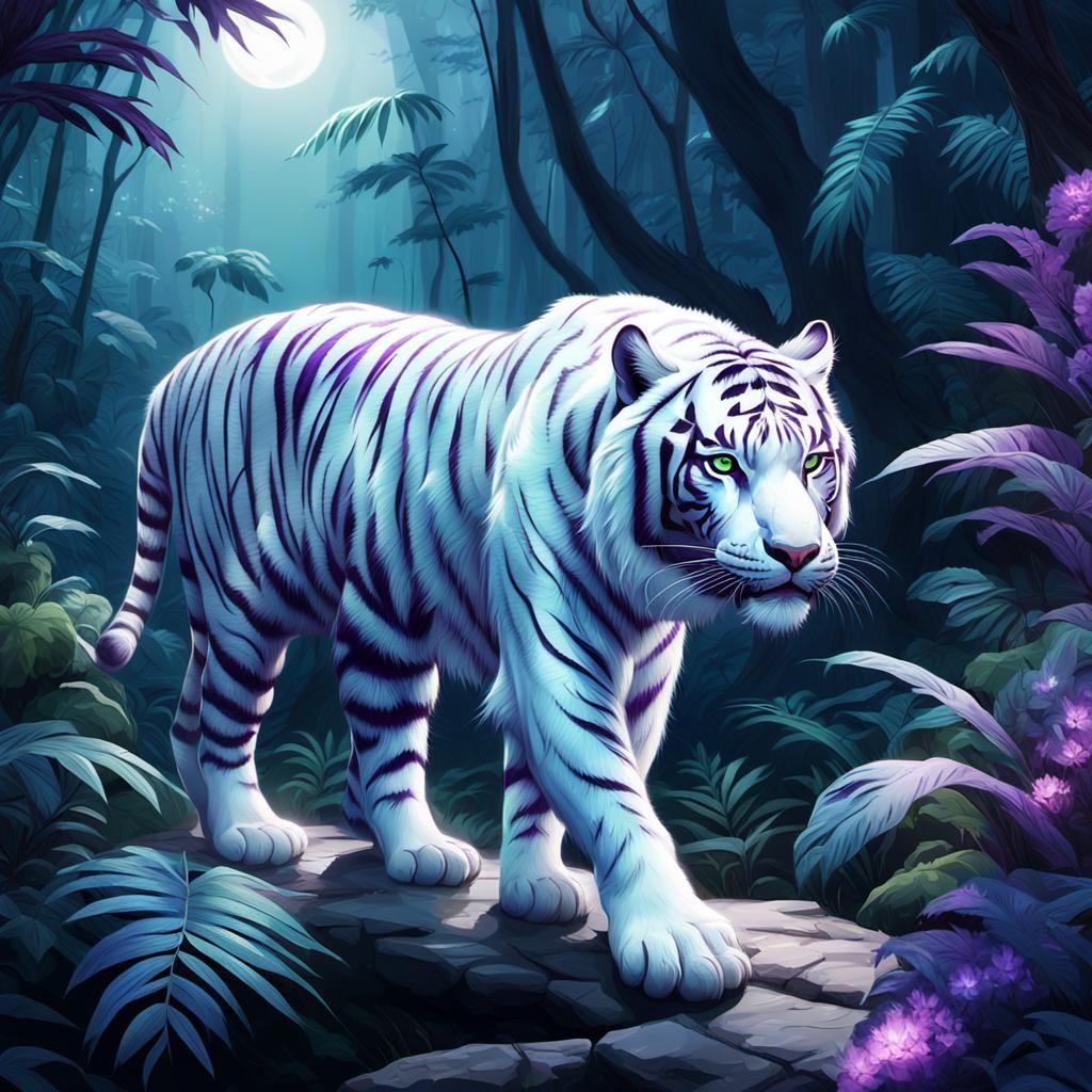 White Tiger Prowls Moonlit Jungle: Digital Matte Painting