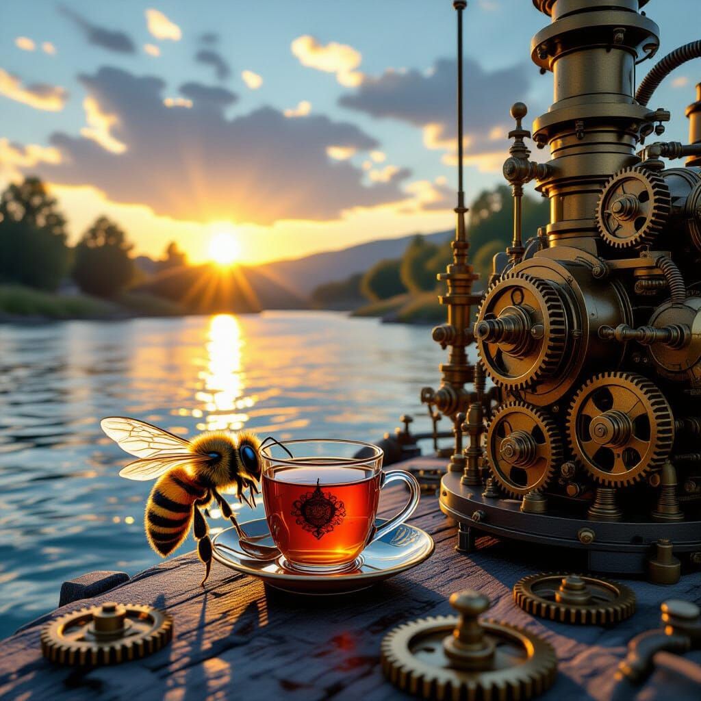 Steampunk Bee Enjoys Turkish Tea by Riverbank Sunset