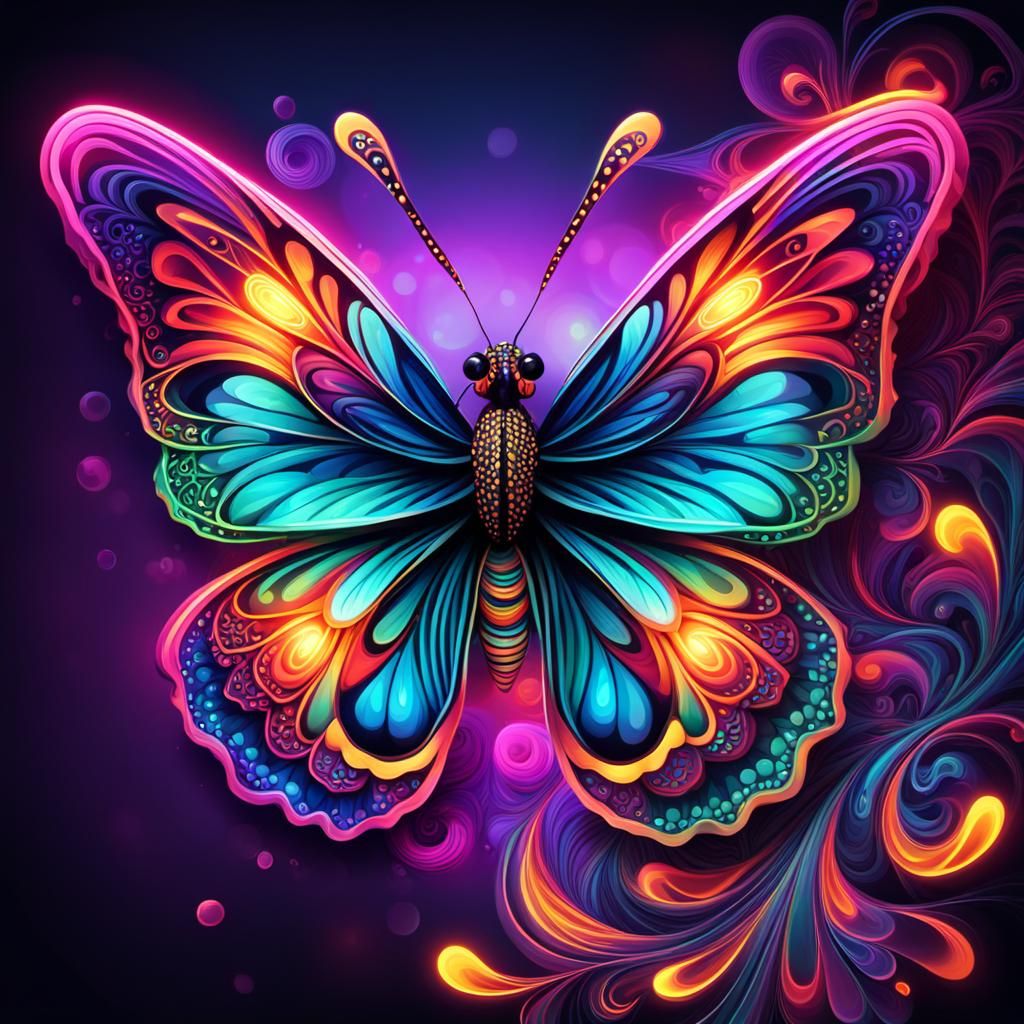 Neon Butterfly with Zentangle Pattern, Close-Up