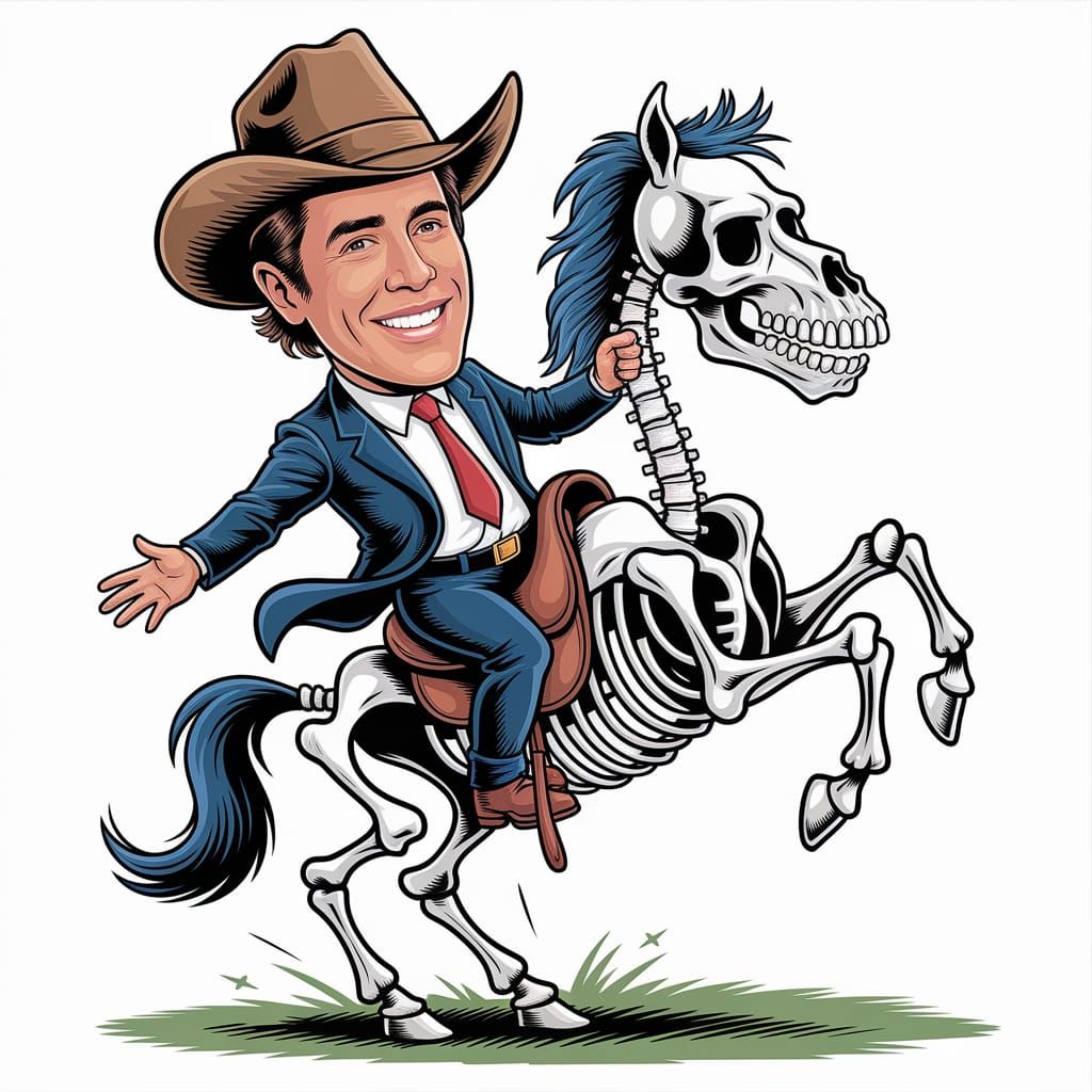 Manager Rides a Dead Horse in a Colorful Line Art Caricature