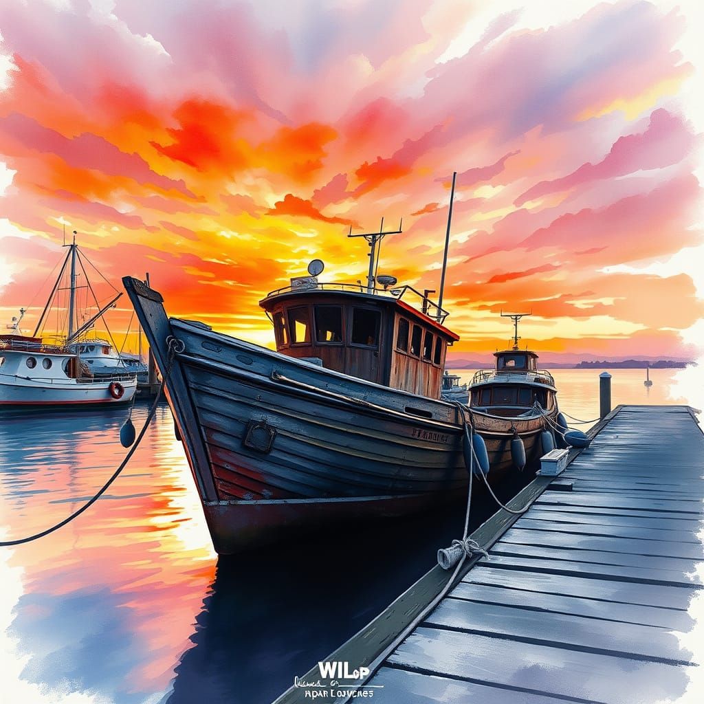 Vibrant Sunset Over Old Fishing Boat in Watercolour Style