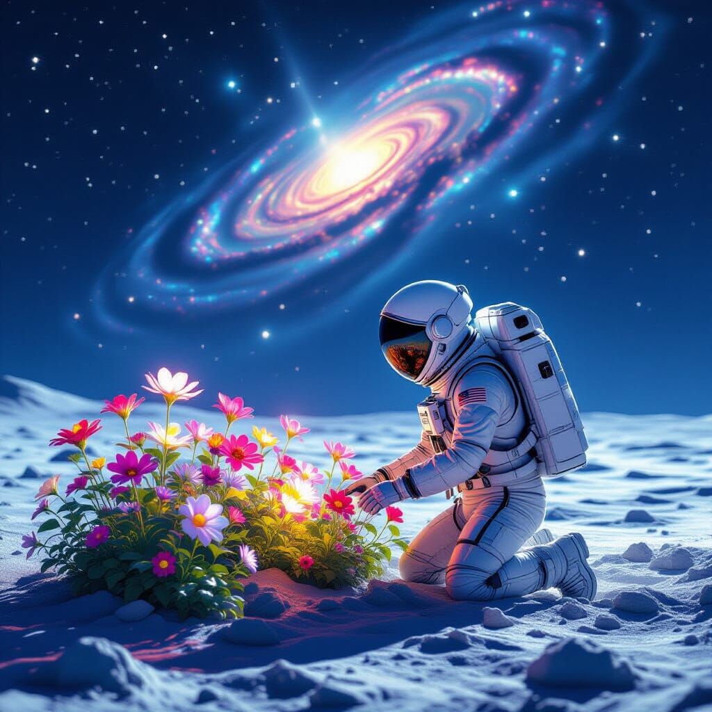 Astronaut Tends Alien Garden on Moon Under Nebula Sky