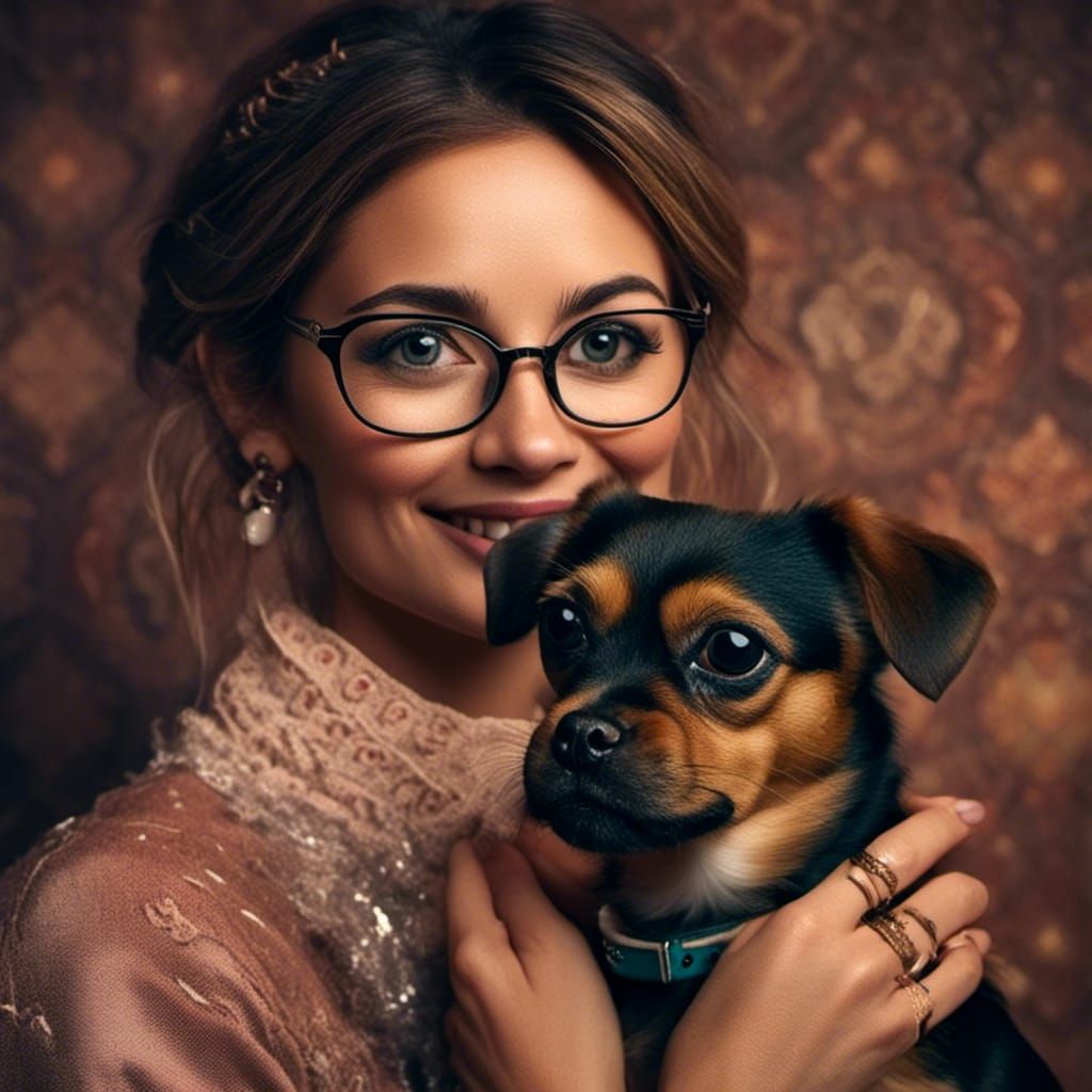 Brunette Woman with Puppy: Hyperrealistic Portrait