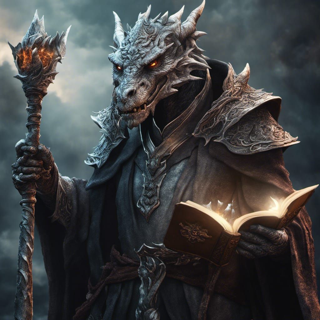 Evil Dragonborn Wizard: Detailed Fantasy Art