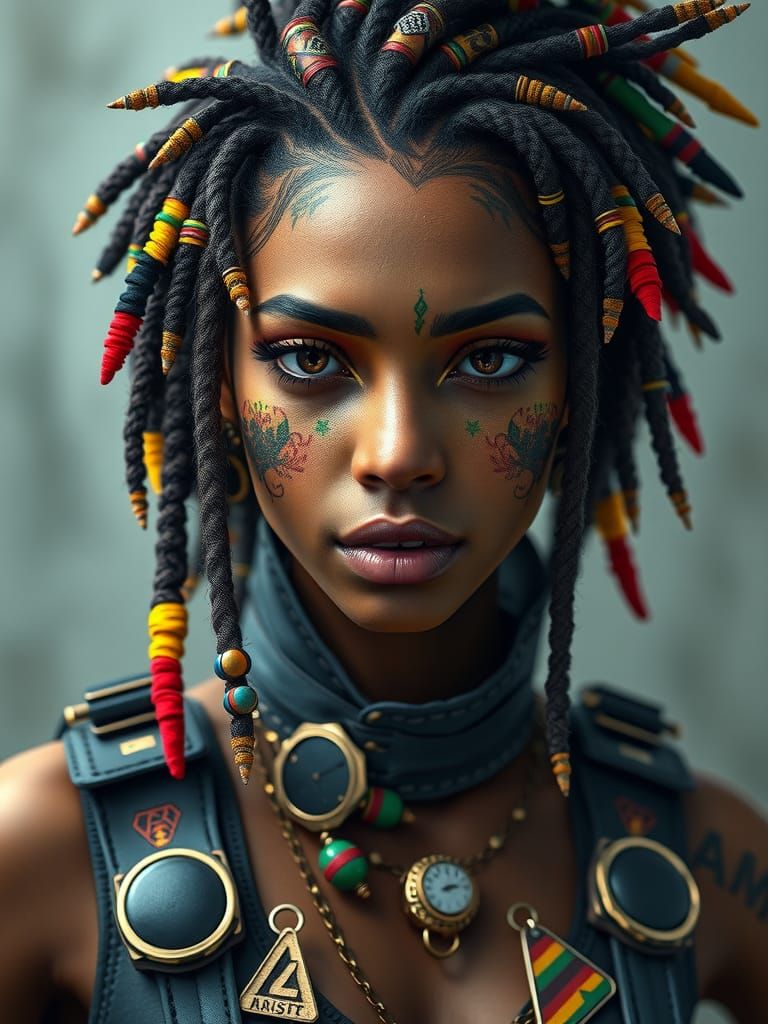 Vibrant Rasta Girl in Military Streetwear, Digital Art