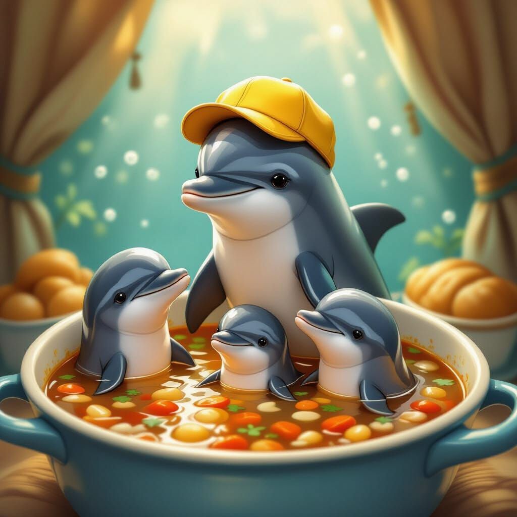 Dolphin Family in Soup Storybook Illustration