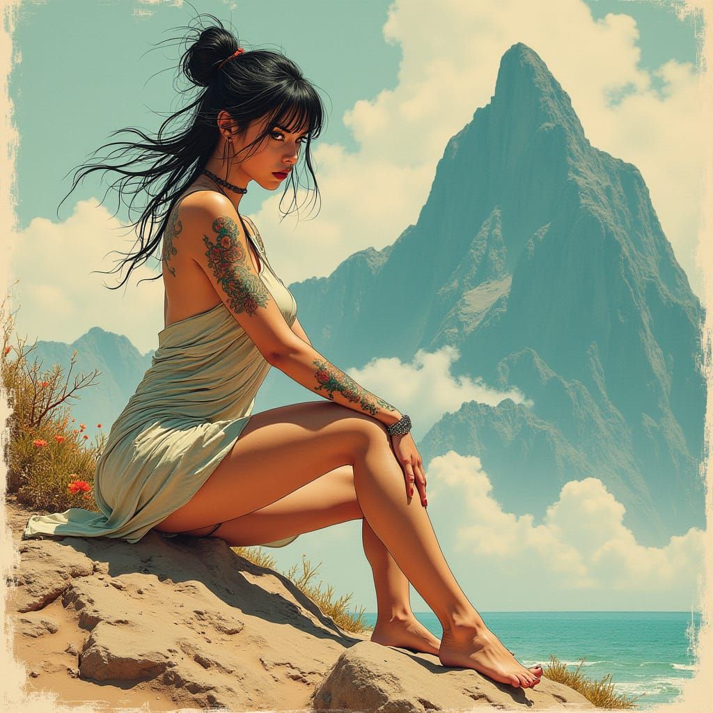 Cyberpunk Yakuza Woman in Risograph Style