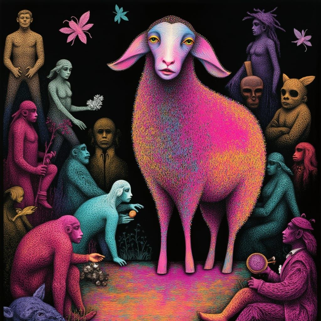 Sheep with Geometric Cheekbones in Chaotic Theater Lobby