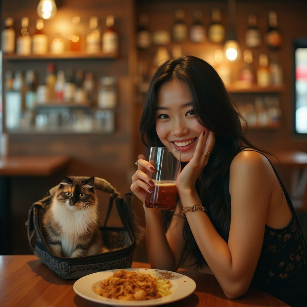 Elegant Young Woman Enjoys Dinner at a Cozy Beer Restaurant