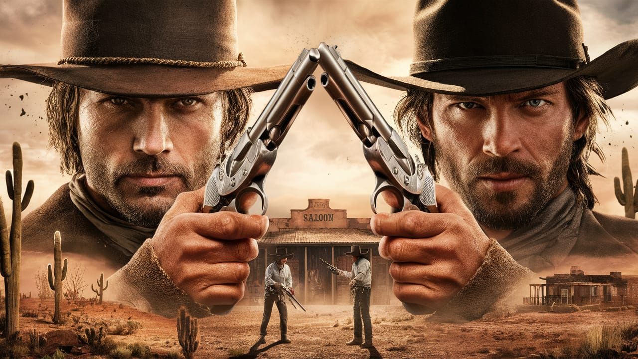 Far West Duel: Determined Gunslingers in Arid Landscape