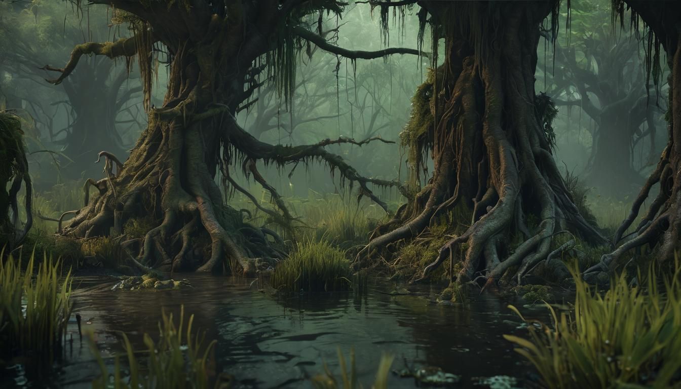 Mysterious Creepy Swamp in Fantasy Comic Style