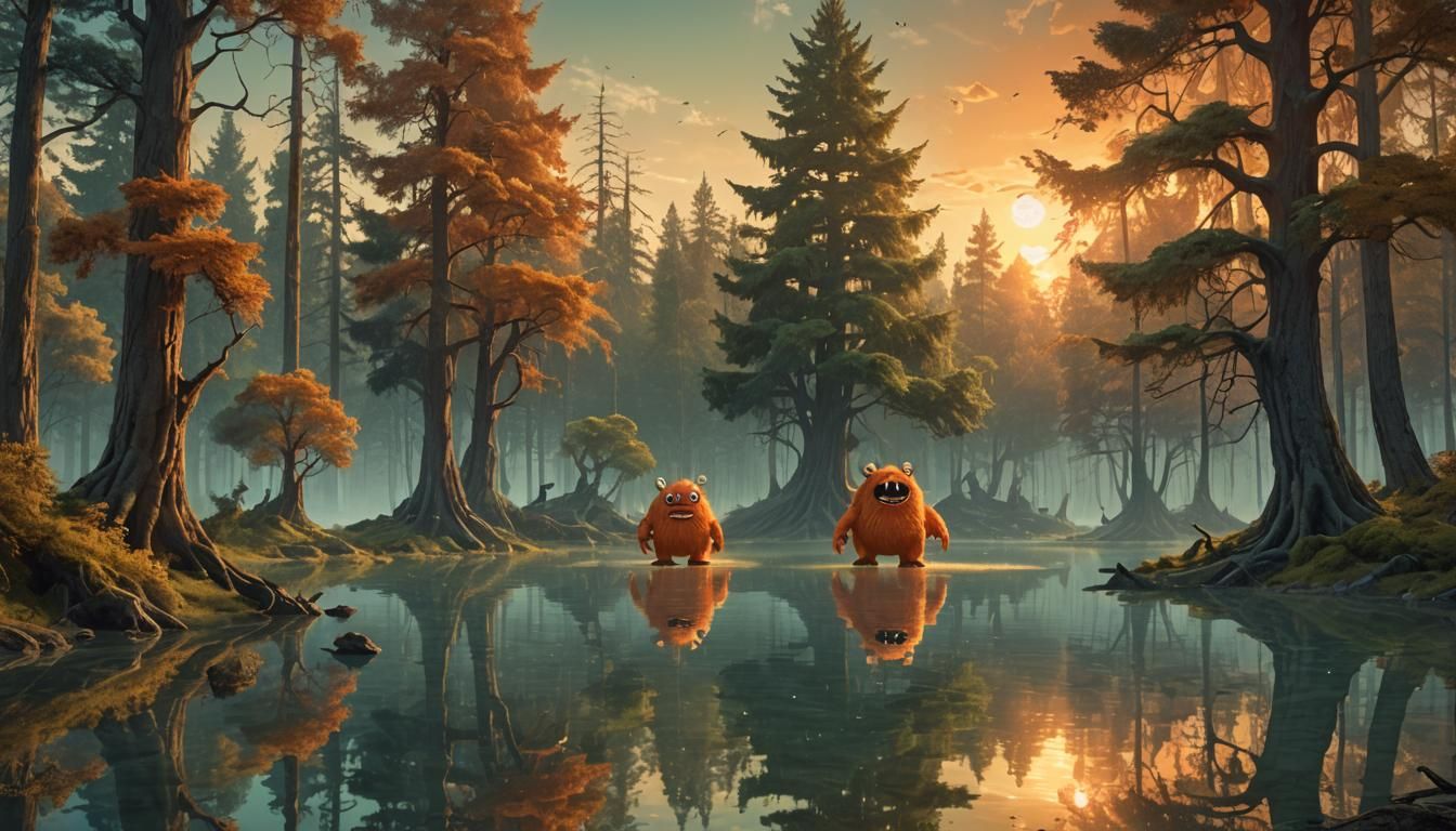 Surreal Orange Monster in Fantasy Forest Sunset