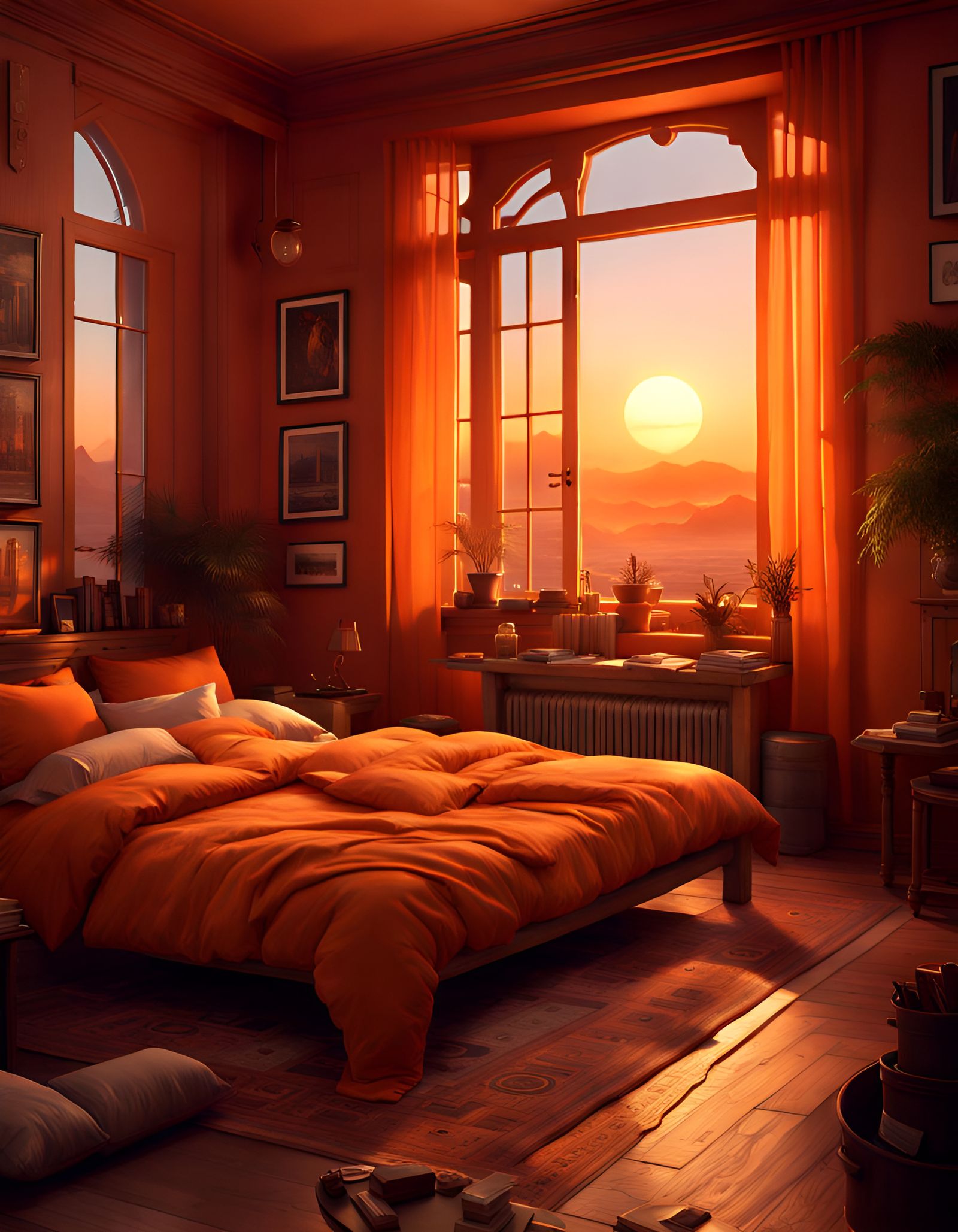 Orange Sunset Glow in Cosy Bedroom: Digital Art