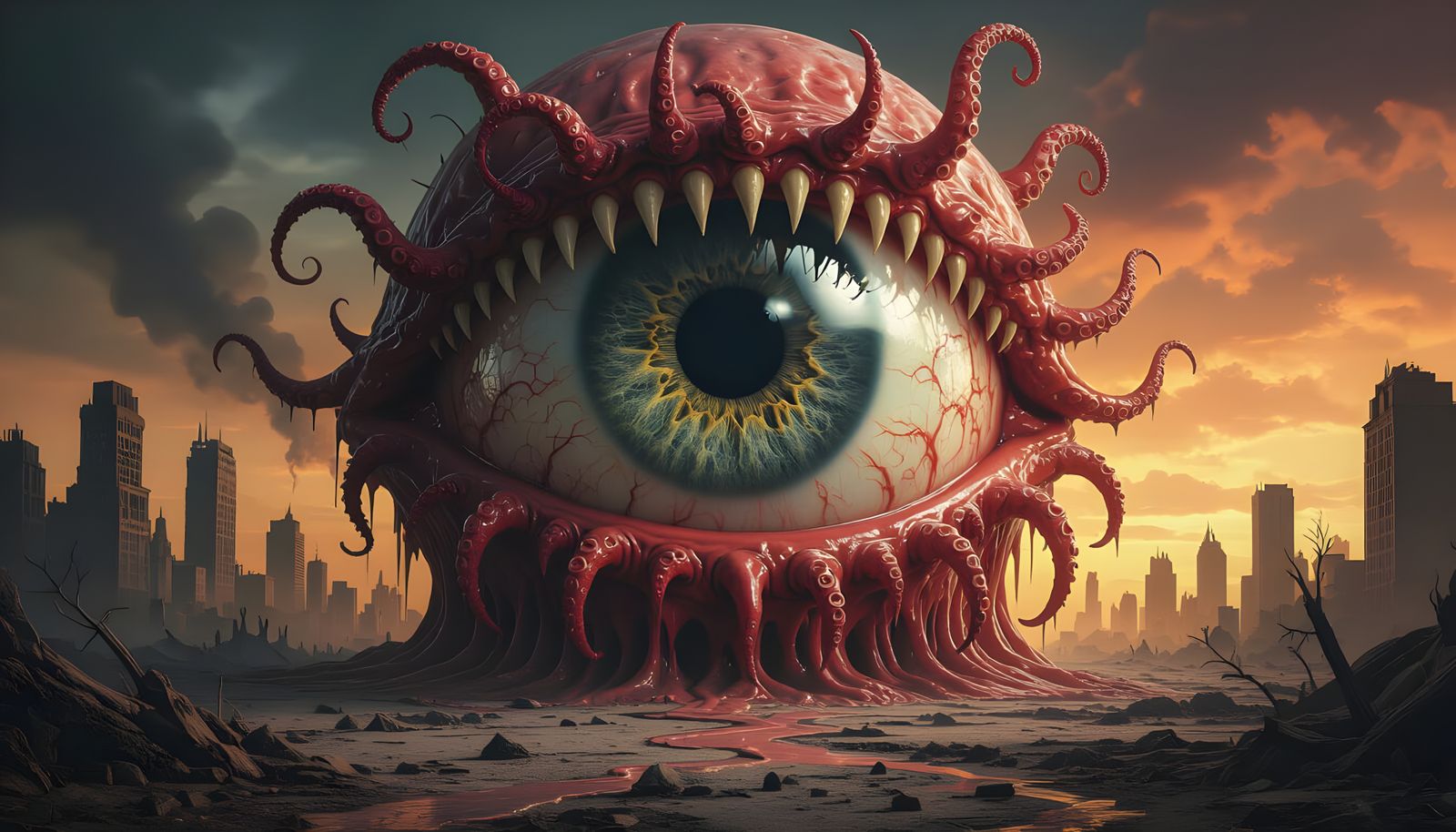 Colossal Eyeball Monster Over Desolate Cityscape