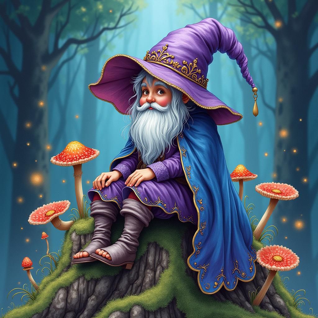 Gnome in Enchanted Forest, Watercolor and Alcohol Ink