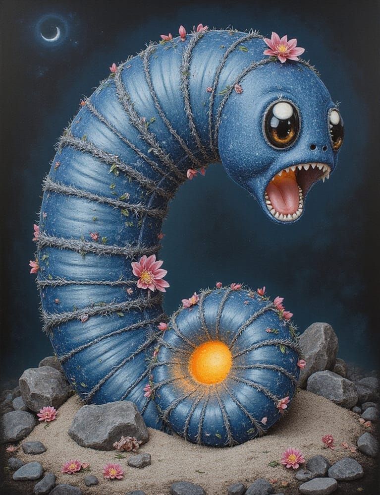 Freestanding Colossal Biolucent Denim Sandworm in Dramatic Pause Vanishing Point Trompe L'oeil