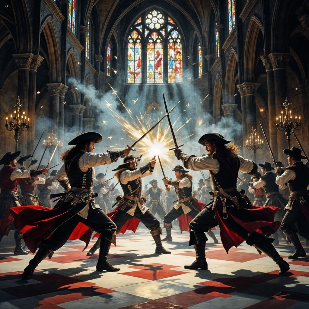 Musketeers Duel in Gothic Cathedral, a Painterly Scene