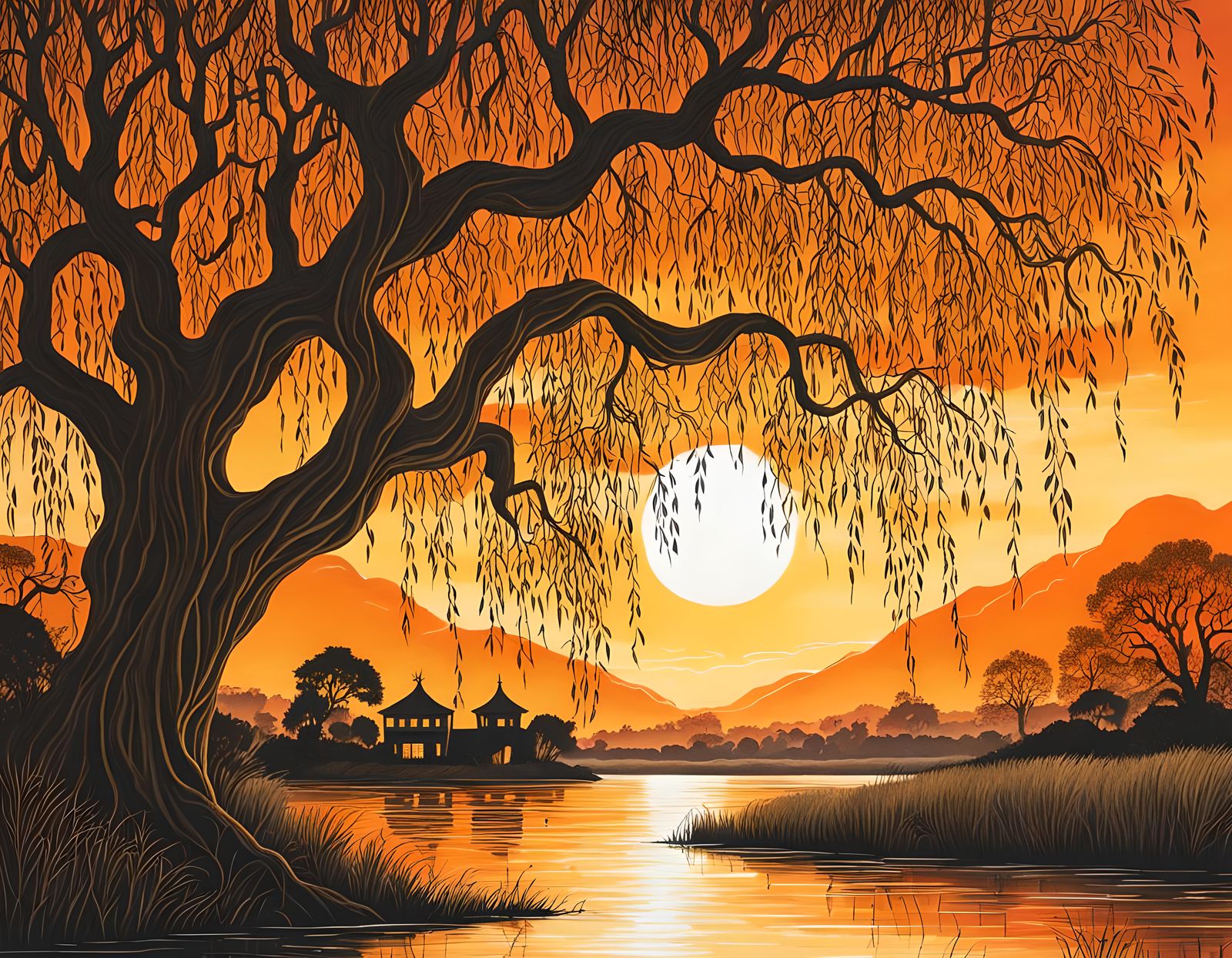 Sunset Willow Silhouette: Fantasy Riverscape Art