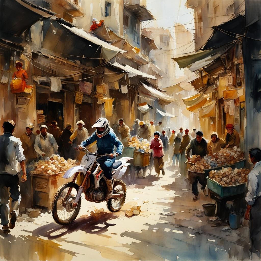 Dirt Bike Roost in Turkish Bazaar, Watercolor Style
