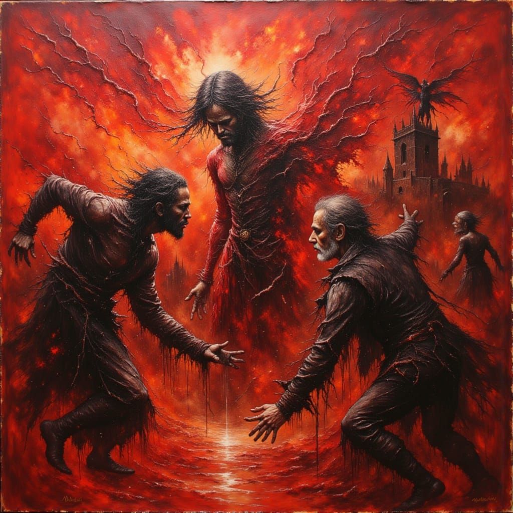 A dramatic <lora:Darkness bright:1.0> scene from Shakespeare's The tempest, featuring Prospero, Caliban, Miranda, Ariel ...