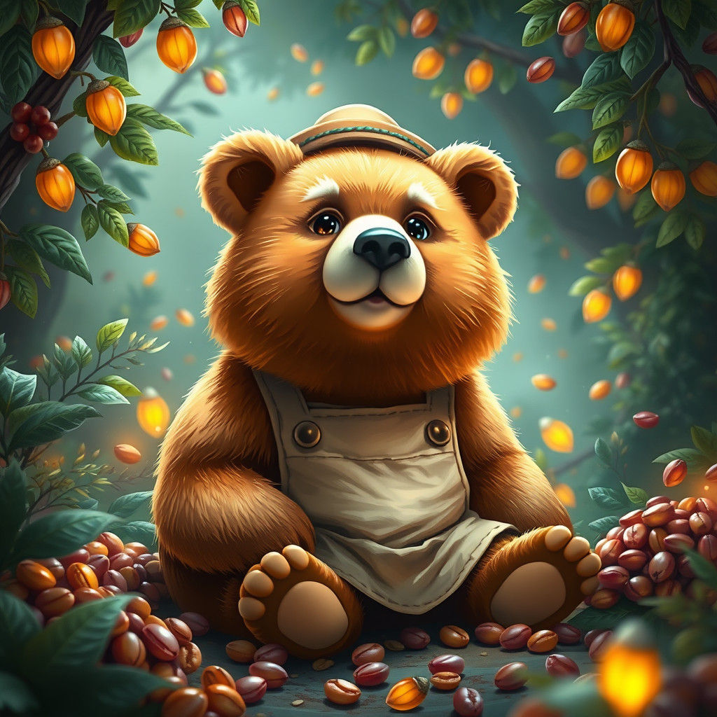 Enchanting Coffee Bear in Dreamlike Fantasy Realm