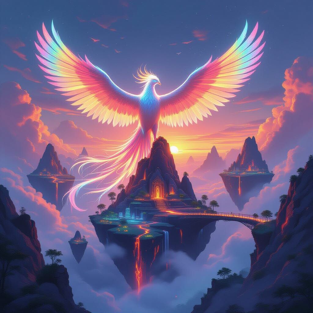 Colossal Neon Phoenix Over Volcanic Islands