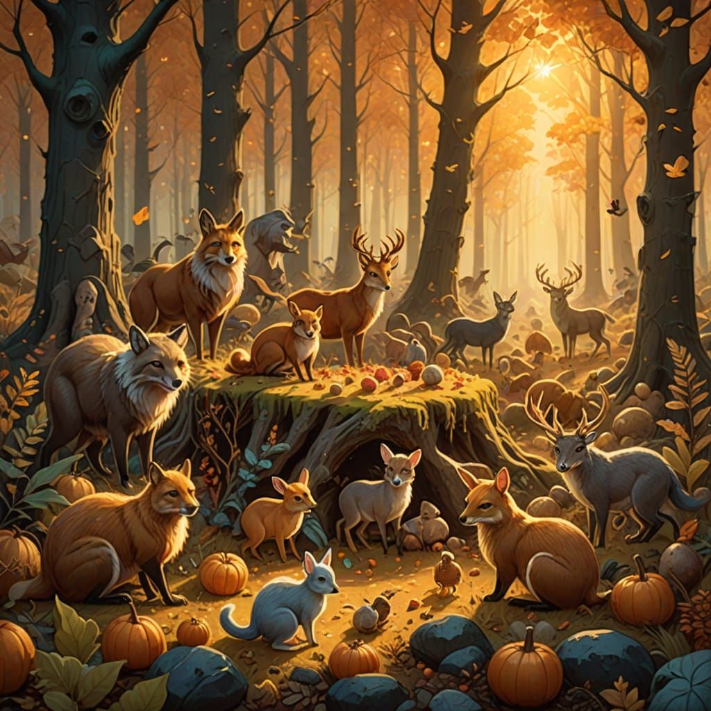 Animals Gather Magical Harvest Treasures in Forest Clearing