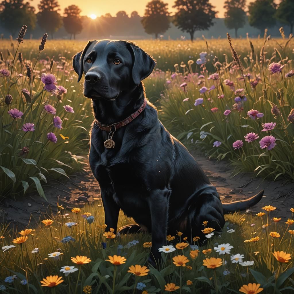 Black Labrador in Field at Sunset: Photorealistic Painting