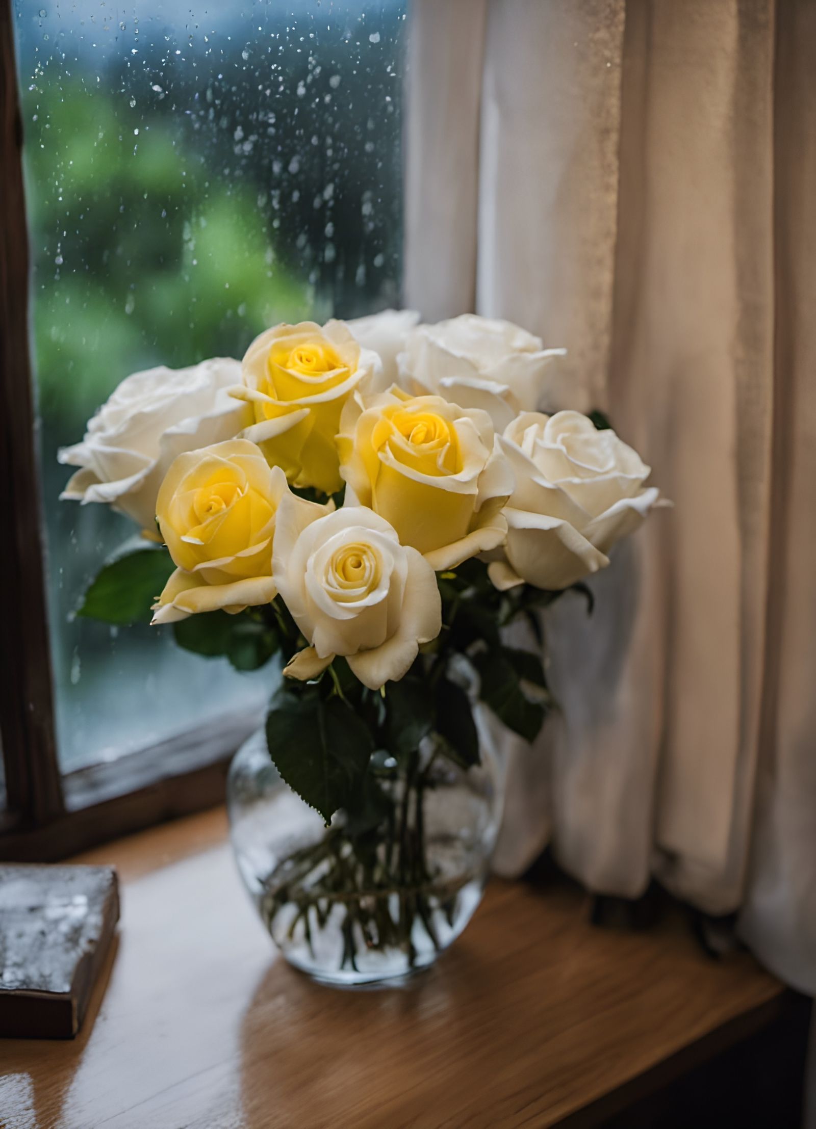 Roses in Vase on Rainy Night: Photorealistic Digital Art